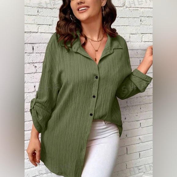 SHEIN Essence Plus army green long roll tab button up textured tunic NEW size 3X - Picture 1 of 14